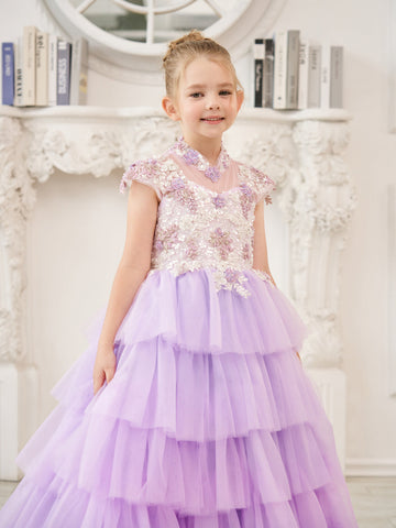 Vestido de princesa de tul lila con apliques florales y pedrería para niñas 