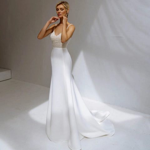 Shinning Sheath Pearl Wedding Dresses Spaghetti Strap Satiin Beads V-Neck For Women Robe De Mariée Formal Brides Gown