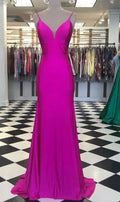 Vestido de noche elegante de sirena con tirantes finos, estilo fucsia, para baile de graduación Y730
