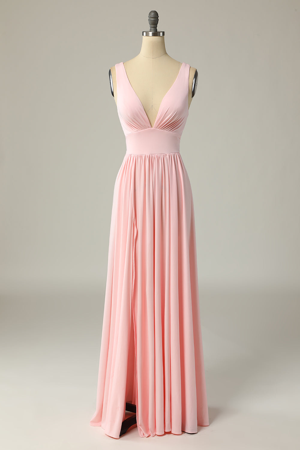 Robe de bal longue jaune classique trapèze à col en V et fente sur le devant