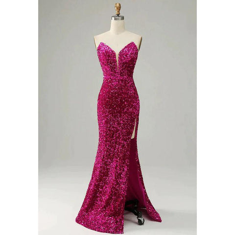 Vestido formal de noche con escote en V, lentejuelas, abertura, sin mangas y corte tubo/columna