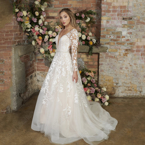 Light Champagne Modern Wedding Dresses Backless Applique Bride Gowns A-Line Tulle V-Neck Long Sleeves vestido de noiva