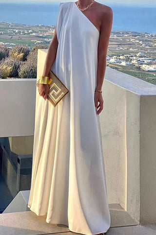Robe de soirée élégante et simple, unie, à col oblique asymétrique 