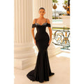 Robe de bal longue sirène en satin à bretelles spaghetti et perles plissées
