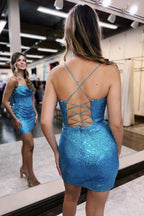 Bling Bodycon Spaghetti Straps Fuchsia Sequins Corset Homecoming Dress