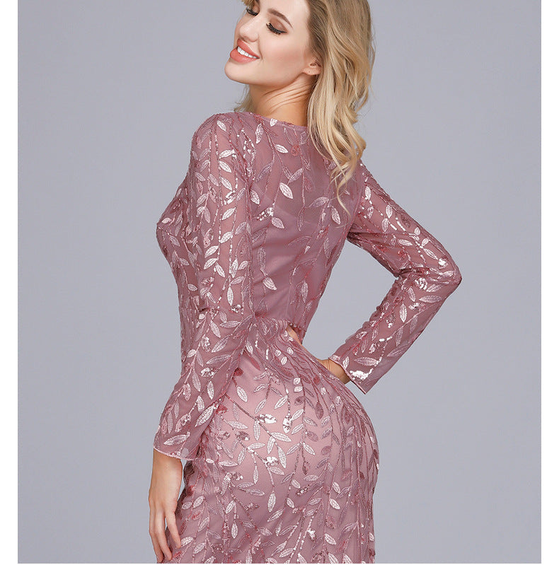 Spring Multi-Color Long Sleeve round Neck Fishtail Banquet Evening Dress for Women