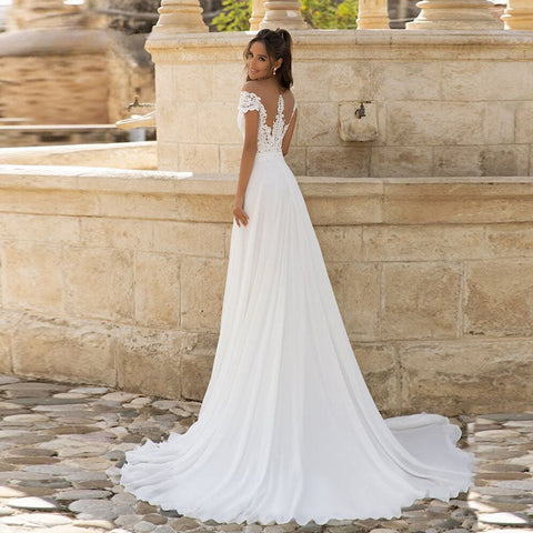 Chiffon Bohemian Bride Gowns A-Line Wedding Dresses Side Slit Lace Beach Long O-Neck Cap Sleeves Vestidos De Novia 2024