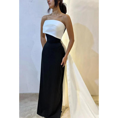 Robe de bal de fin d'année chic et moderne, sans manches, à épaules dénudées et à col fourreau