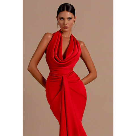 Robe de soirée longue sirène rouge sexy à col en V et plis
