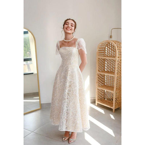 Robe de soirée trapèze en tulle imprimé, col carré, manches courtes, longueur thé