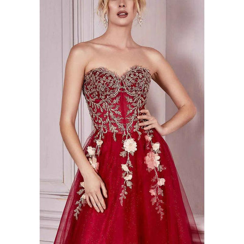 Sweetheart Strapless Floral Appliqued Ruched Tulle A-Line Long Prom Dress