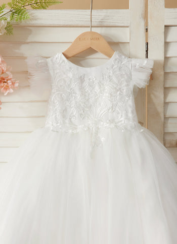 Robe de bal princesse ivoire avec applications de dentelle et traîne en tulle pour filles 