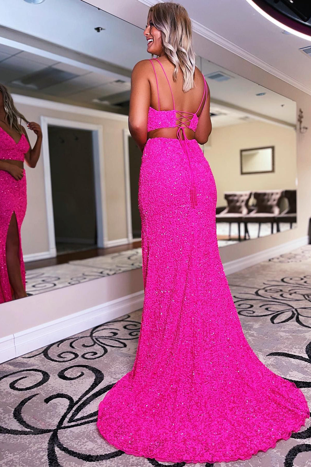 Two Piece Light Blue Sequins Mermaid Prom Dress with Slit