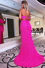 Two Piece Light Blue Sequins Mermaid Prom Dress with Slit