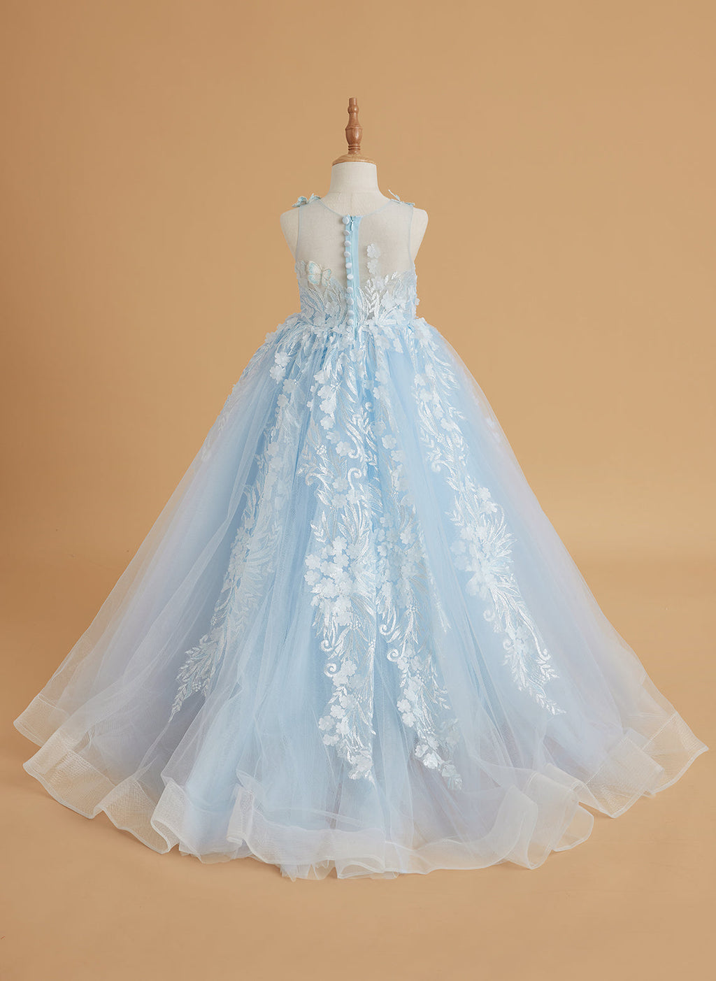 Vestido de princesa rosa para niñas con apliques de encaje 