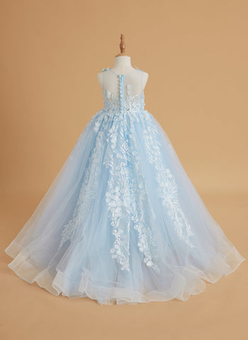 Vestido de princesa rosa para niñas con apliques de encaje 