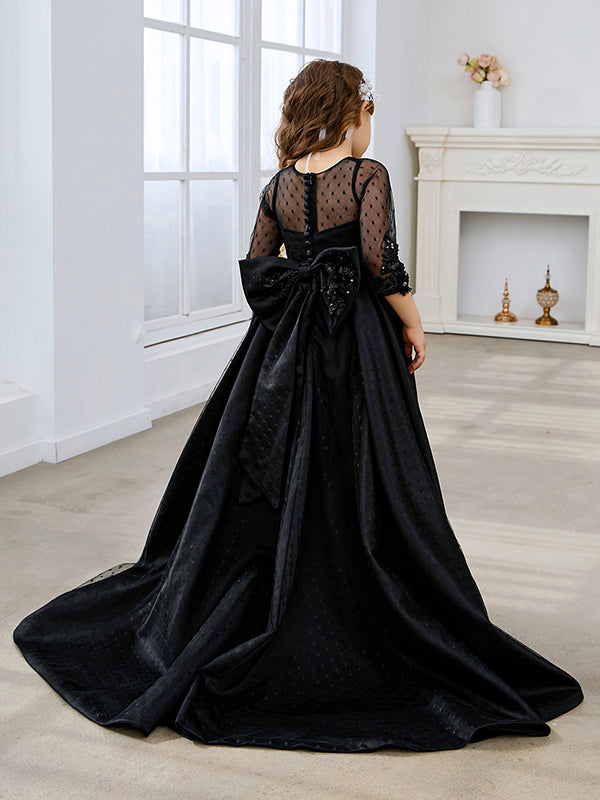 Vestido de gala/vestido negro de princesa con cola de barrido de satén 