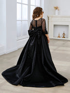 Vestido de gala/vestido negro de princesa con cola de barrido de satén 