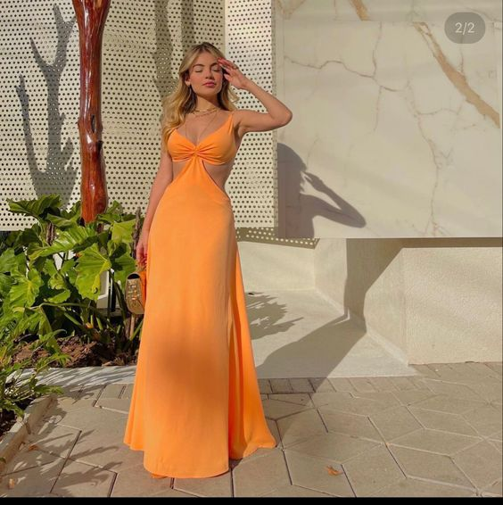 Robe de bal longue orange à col V simple, robe de soirée orange Y6255
