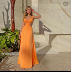 Robe de bal longue orange à col V simple, robe de soirée orange Y6255
