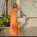 Robe de bal longue orange à col V simple, robe de soirée orange Y6255