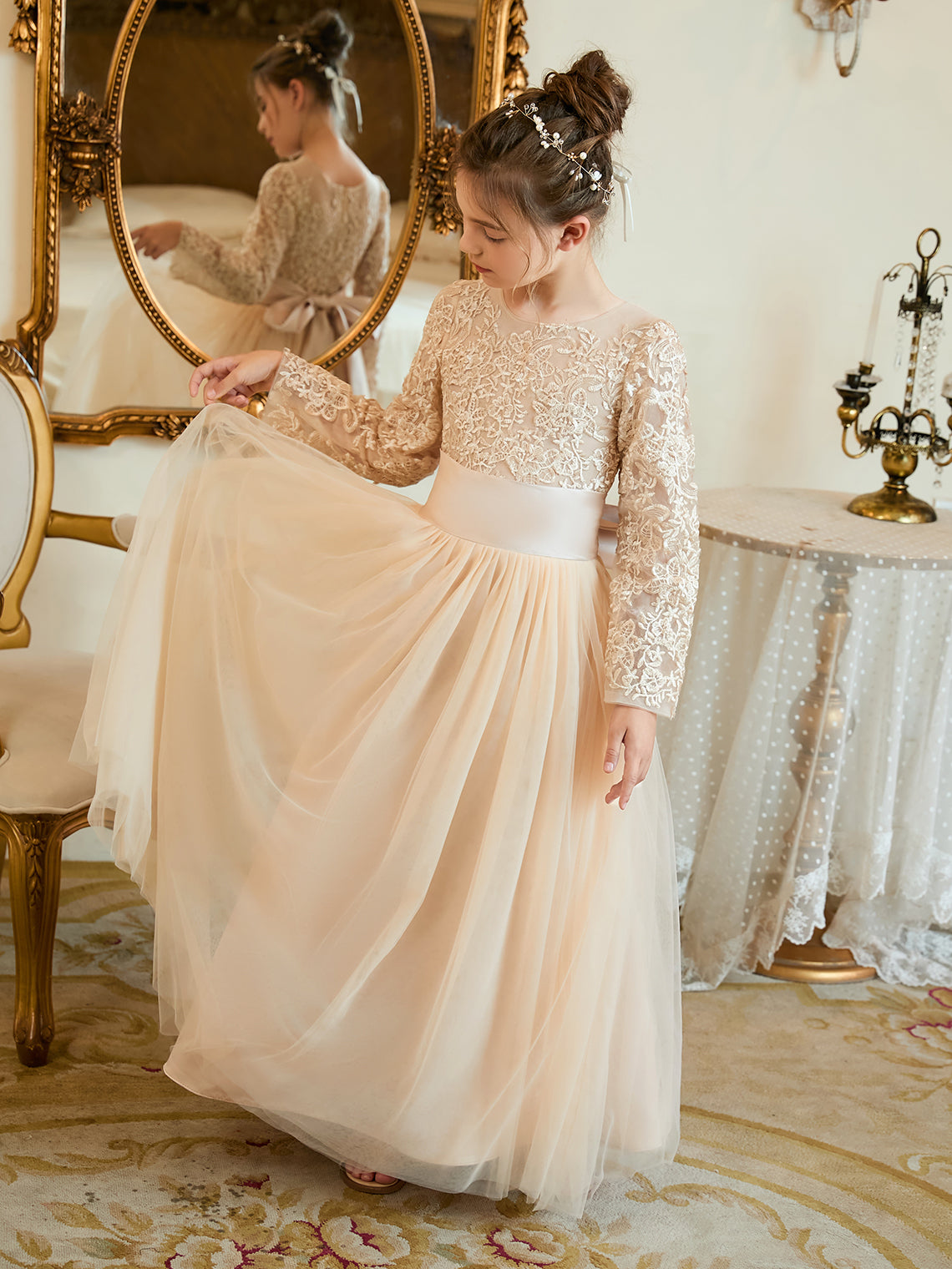 Vestido de niña de las flores de tul corte A hasta el tobillo 