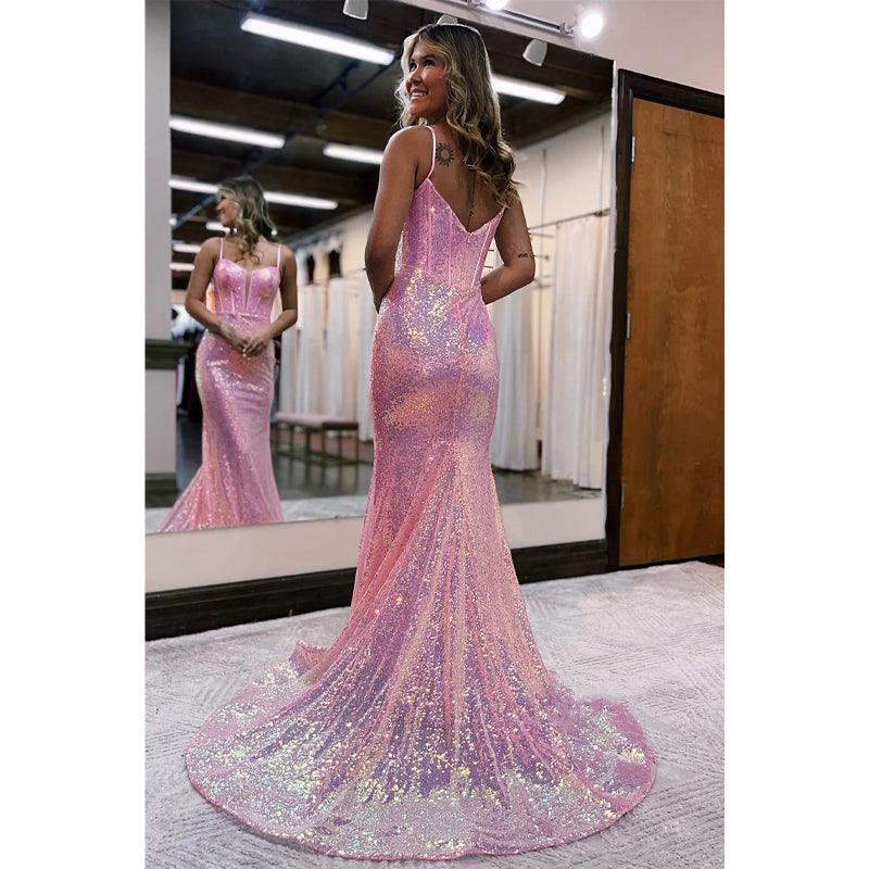 Plunging V-neck Bone Sequins Pink Long Prom Dress Glitter
