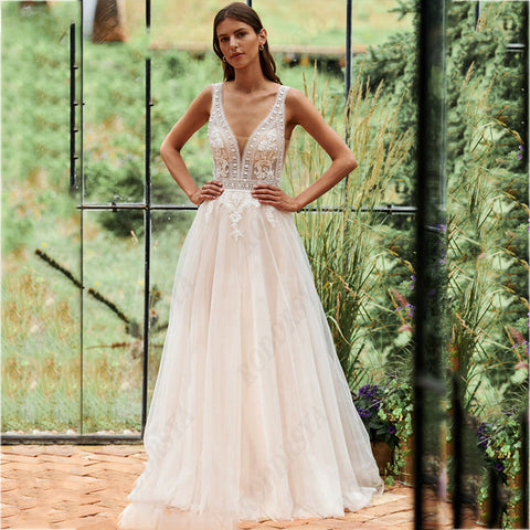 Robe de mariée vintage à fines bretelles spaghetti, décolleté en V illusion, dos nu, robe de mariée romantique en tulle, coupe trapèze 