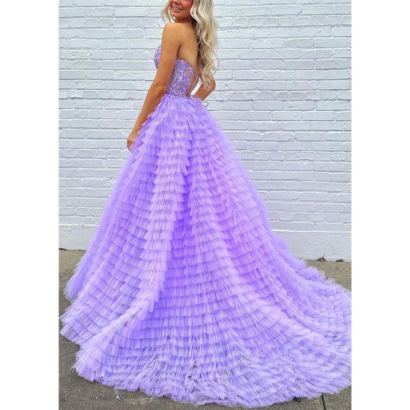 Vestido de noche de fiesta de graduación con escote en forma de A, de tul, sin tirantes y apliques con abertura lateral 