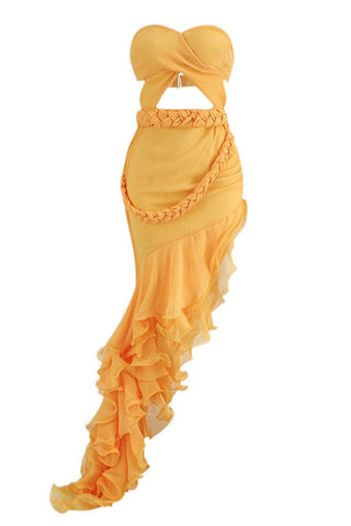 Robe de soirée maxi asymétrique à volants superposés, tresses et découpes - Jaune 
