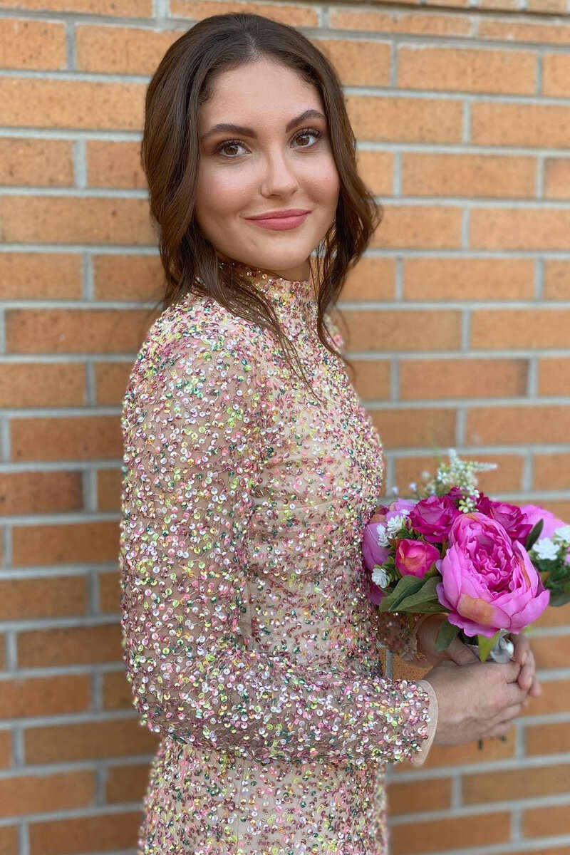 Robe de bal courte à sequins, manches longues, dos nu, Y2497