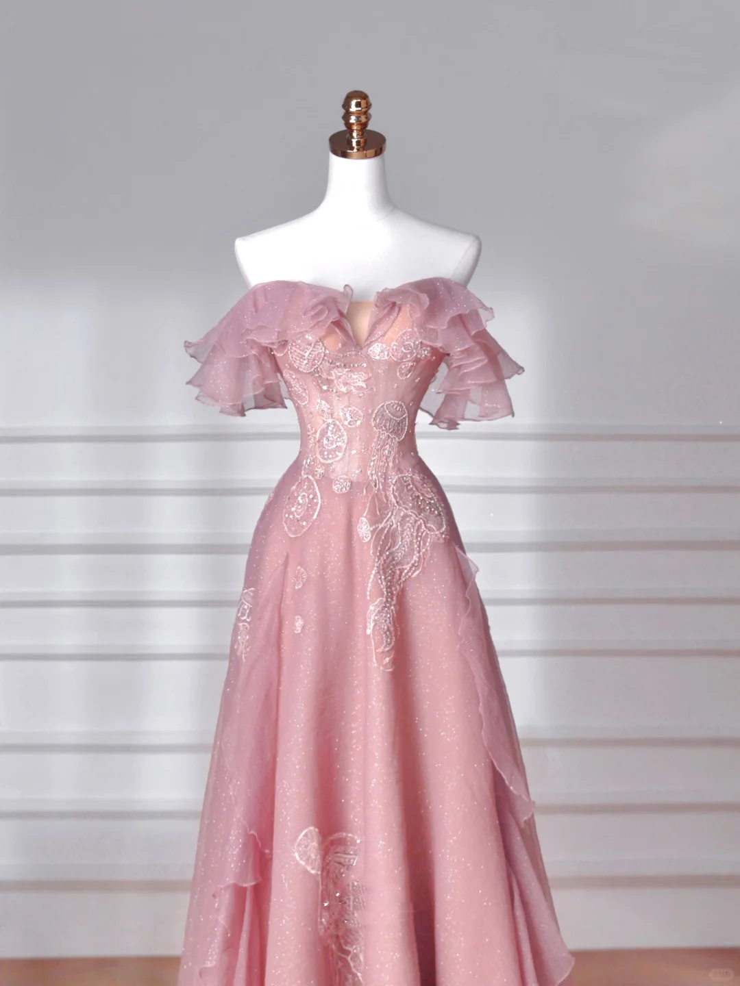 Vestido de fiesta largo de noche, corte en A, de tul rosa dulce, lentejuelas y cuentas, con hombros descubiertos Y8643