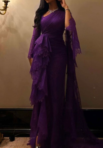 Vestido de noche sexy morado con un solo hombro, encaje, abertura y volantes Y7767