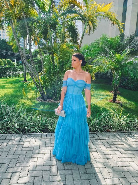 Vestido de fiesta corte A, vestido de invitada de boda sin mangas con hombros descubiertos Y4692