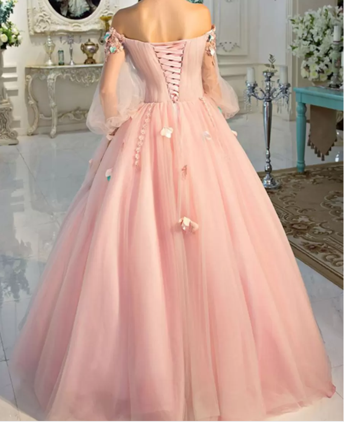 Vestidos de fiesta de manga larga, vestido de baile largo de hada floral rosa perla S24387