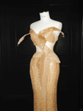 Sparkly Gold Sequin Strapless Mermaid Prom Dress Long Evening Dress Y8656