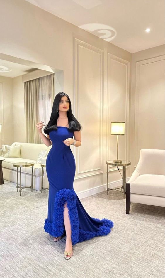 Elegante vestido de noche azul de sirena, vestido formal azul Y6397