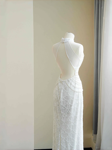 Classy White  Sequins Pearls Chain Sheath Long Prom Dress Evening Dress Y8670