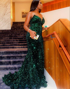 Vestidos de noche largos de sirena verdes con lentejuelas brillantes para mujer negra Y558