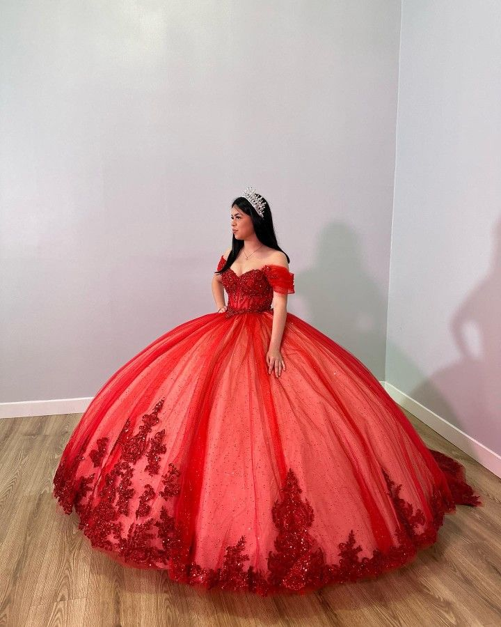 Vestido de gala rojo glamuroso con hombros descubiertos, vestido rojo para quinceañera, vestido de princesa Y5330