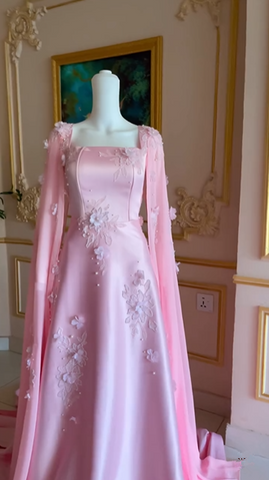 Luxury Pink Satin Long A Line Evening Dress Pretty Appliques Prom Dress Y7591