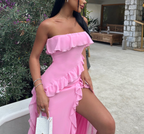 Robe de soirée longue rose, bustier, à volants et fente, idéale pour un anniversaire ou un bal de promo (Y8203)