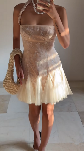 Robe de bal courte dos nu en dentelle et tulle, mignonne, Y8502