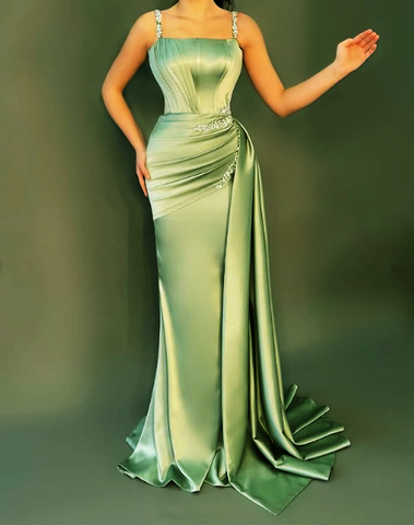 Elegant Blue Spaghetti Straps Satin Beaded Mermaid Prom Dress Evening Dress Y8537