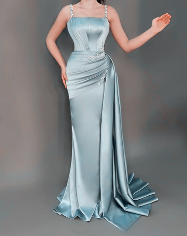 Elegant Blue Spaghetti Straps Satin Beaded Mermaid Prom Dress Evening Dress Y8537