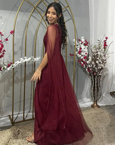 Precioso vestido de noche burdeos de un solo hombro, tul, lentejuelas y abertura, estilo baile de graduación Y7826