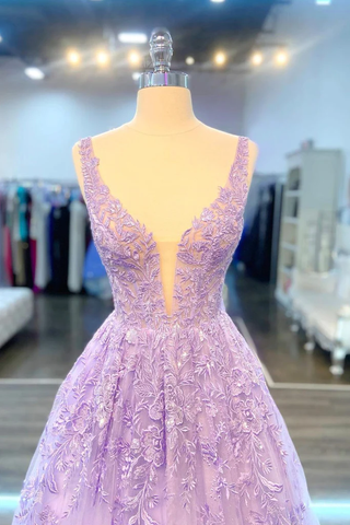 Robe de bal longue violette en dentelle à col V, robe de soirée lilas en dentelle, robe de soirée violette Y200