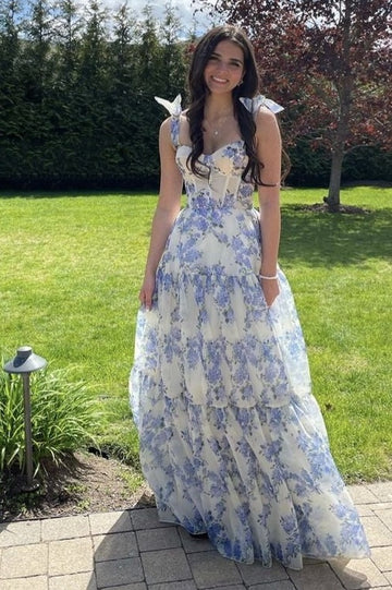 Vestido largo de fiesta azul con estampado floral corte en A, vestido de noche azul Y2560