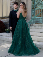 Vestidos largos de fiesta de encaje verde con escote en V y corte en A, vestidos formales de encaje verde, vestidos de noche verdes Y4079