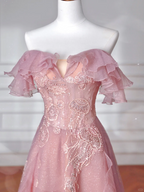 Vestido de fiesta largo de noche, corte en A, de tul rosa dulce, lentejuelas y cuentas, con hombros descubiertos Y8643